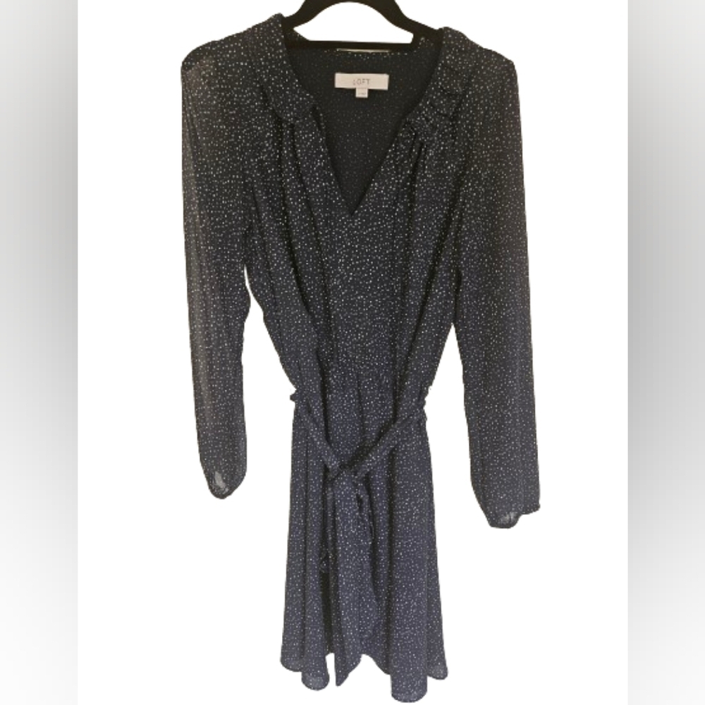 Loft Navy and White Speckled Cinch Waist Dress